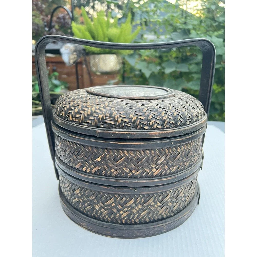 1900 Chinese 2-Tier Woven Bamboo Wedding Basket Metal Floral Medallion